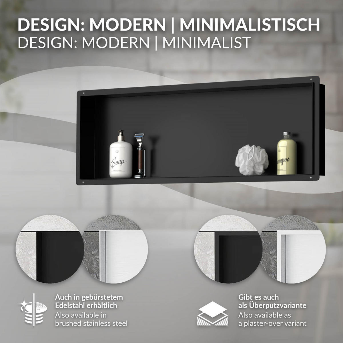 DUSCHNISCHE Schwarz 90/30 cm randlos - Schwarz, Metall (90/30/10cm) - LuxeBath