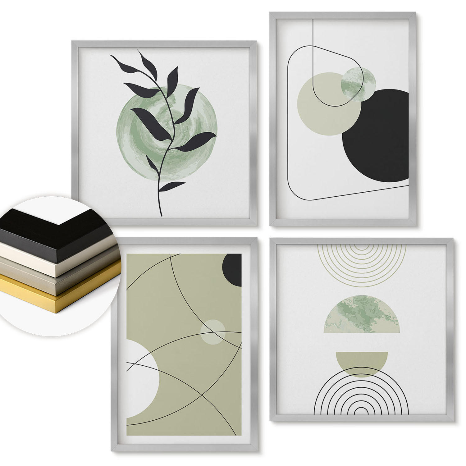 WANDBILDER 4er Set - 50x50 cm & 40x60 cm Silberner Rahmen - Abstrakte Formen und Farben - Silberfarben, Kunststoff (50/50cm) - ArtPrintCave