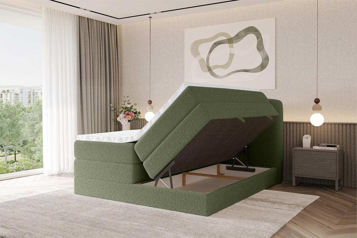 BOXSPRINGBETT mit Matratze H3/H4 - NINA KING - 160x200 cm Grün - Dunkelgrün, Holzwerkstoff (160/200cm) - ALTDECOR