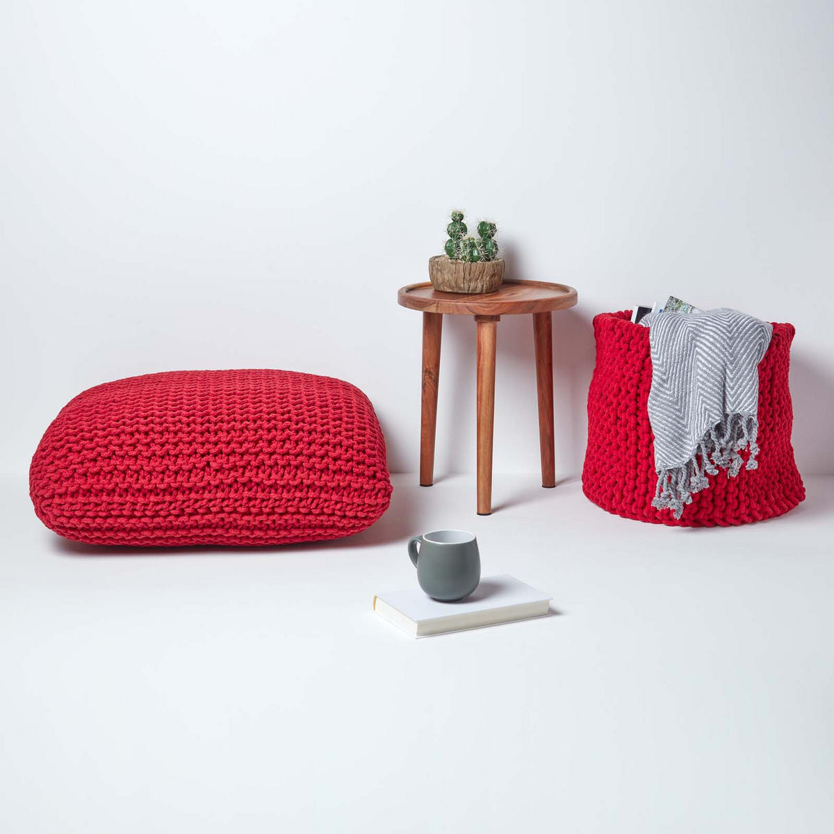 STRICK-POUF rot, Bodenkissen 70/70/20 cm - Rot, Textil (70/20/70cm) - Homescapes