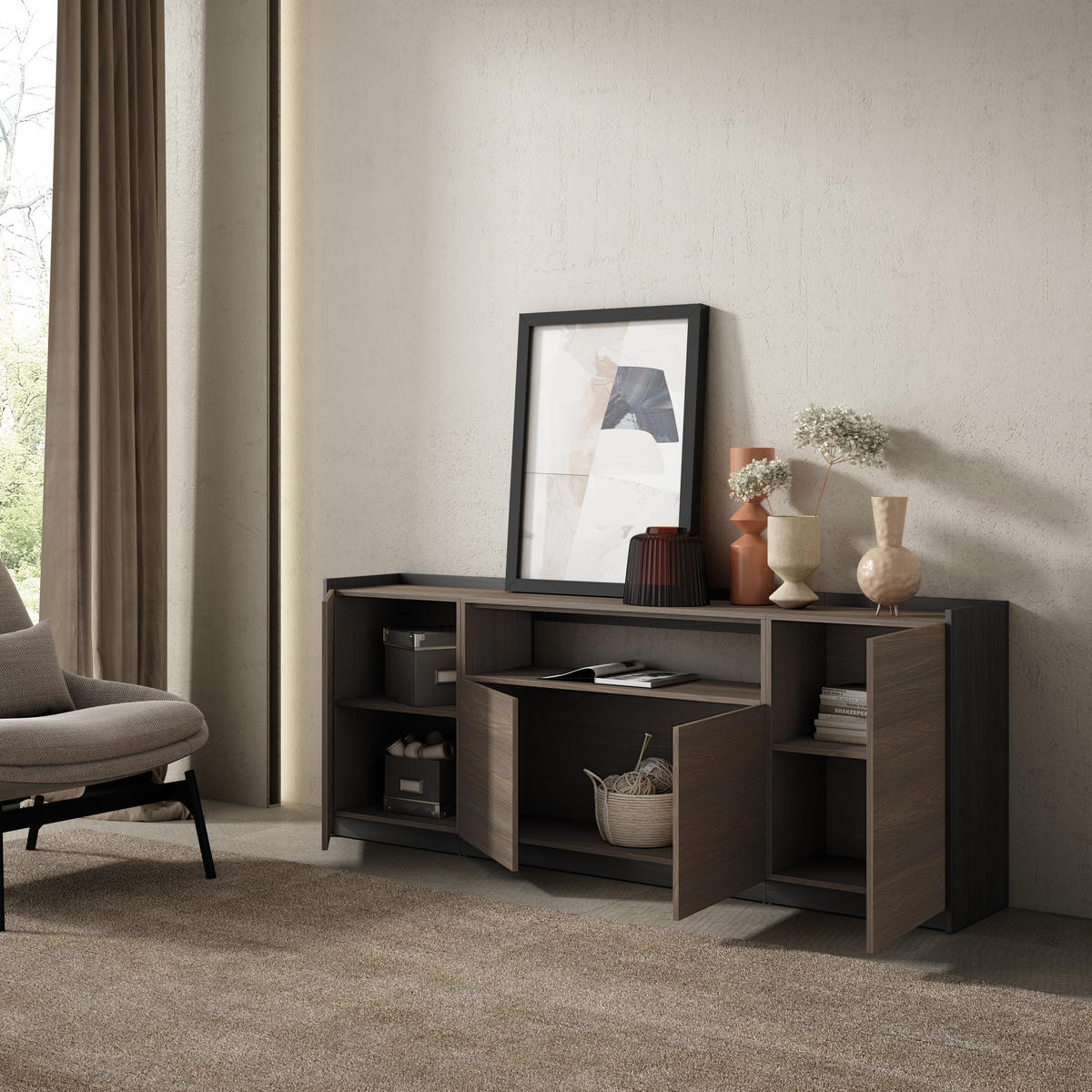 SIDEBOARD, Highboard, Dunkler Eiche und Schwarz, 207/37/80cm - Dunkelbraun, Holzwerkstoff (207/80/37cm) - Skraut Home