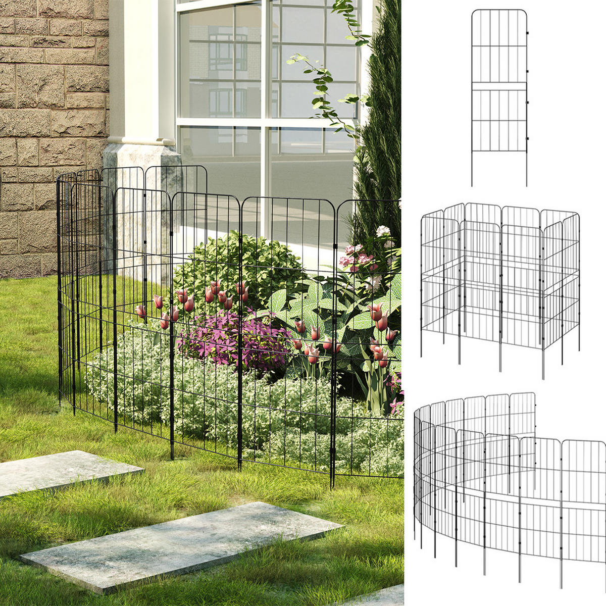GARTENZAUN 10 Stück aus Metall in Schwarz Abnehmbares Design Robuste Metallkonstruktion je Paneel: 31 cm B × 96 cm H - Schwarz, Metall (31cm) - Livingandhome