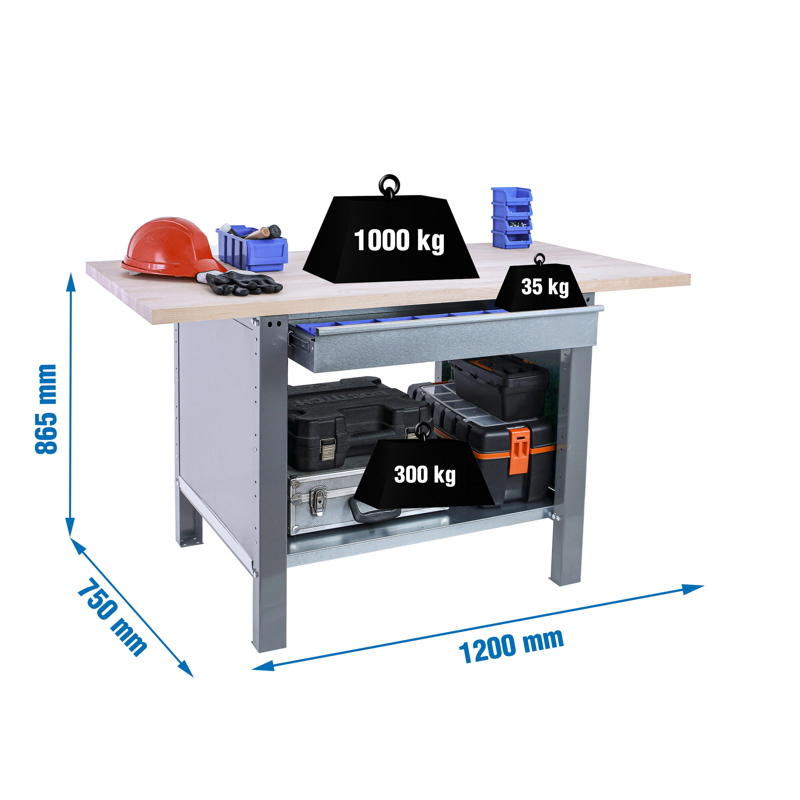 WERKBANK Buffalo Wood mit 1x Schublade HxBxT 86,5 x 120 x 75 cm Traglast 1000 kg Grau - Grau, Metall (120/86.5/75cm) - PROREGAL
