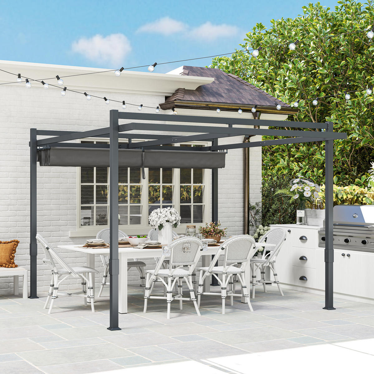 PERGOLA Pavillon ca. 3,5x3m Aluminium Stabil winterfest Sonnenschutz mit verstellbares Schiebedach Grau - Grau, Metall (358/245/320cm)