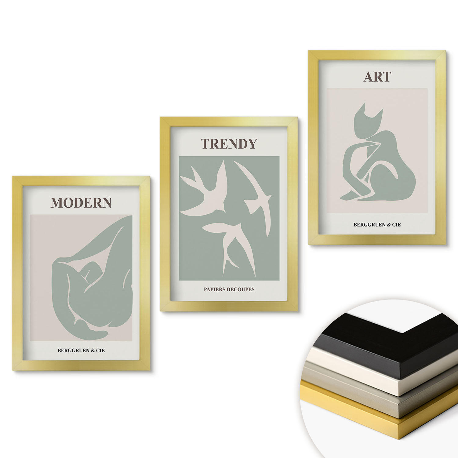 WANDBILDER 3er Set - 20x30 cm Goldrahmen - Matisse abstrakte Figuren - Goldfarben, Kunststoff (20/30cm) - ArtPrintCave