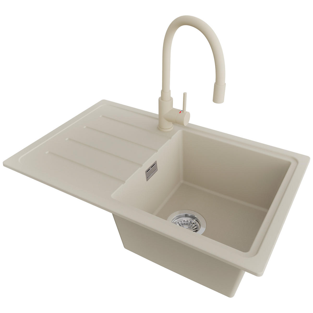 GRANITSPÜLE Kopenhagen Easy, 2-er set Beige 70/44 cm 1 Becken + Küchenarmatur 38/14 cm + Ablauf-Set ab 45er Unterschrank - Chromfarben/Beige, Kunststoff (70/20/44cm) - Primagran