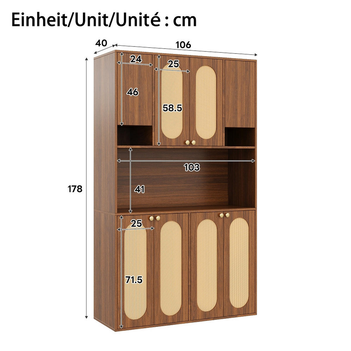 KÜCHENSCHRANK-SCHRANK Hausbar-Schrank, MIT LED-BELEUCHTUNG, 8 Türen, PE-Rattan, MDF Natur, Esszimmer Wohnzimmer, 106/40/178 cm - Naturfarben, Kunststoff (40/178/106cm) - Rolipo
