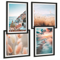 BILDER SET 4er Set - 50x50 cm & 40x60 cm Schwarzer Rahmen - Sonnenuntergang am Meer, Häuser, Blumen - Schwarz, Kunststoff (50/50cm) - TULUP