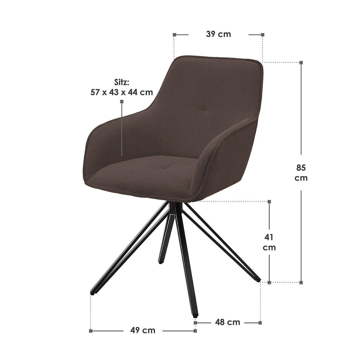 DREHSTUHL Clyde mit Armlehne cord braun (2er-Set) - Braun, Textil (57/85/61cm) - Juskys