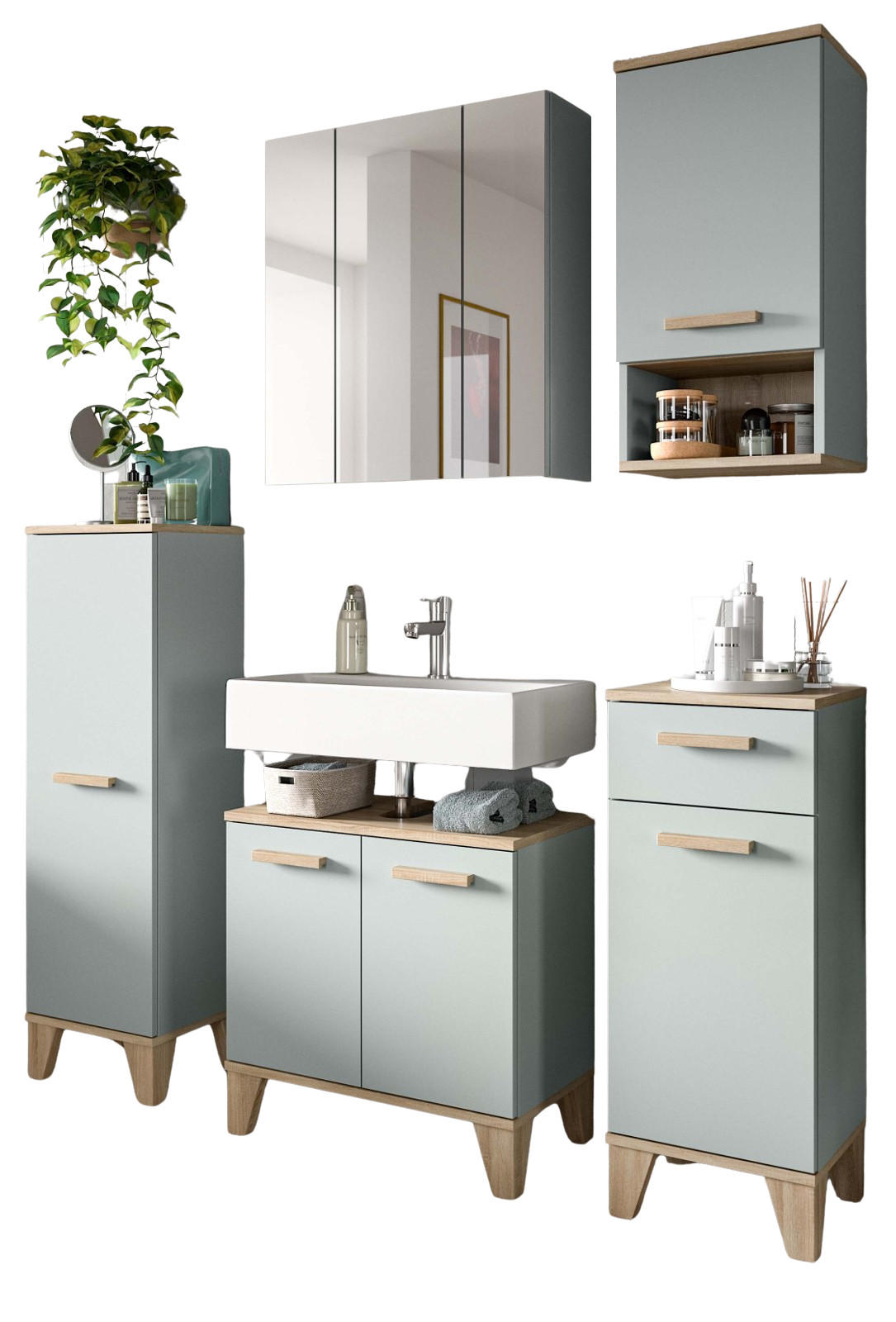 BADMÖBEL-SET 5-teilig grün, Eiche 158 x 190 cm, Komplettset mit viel Stauraum - Eichefarben/Grün, Glas/Holzwerkstoff (158/190/34cm) - Inn.Furn