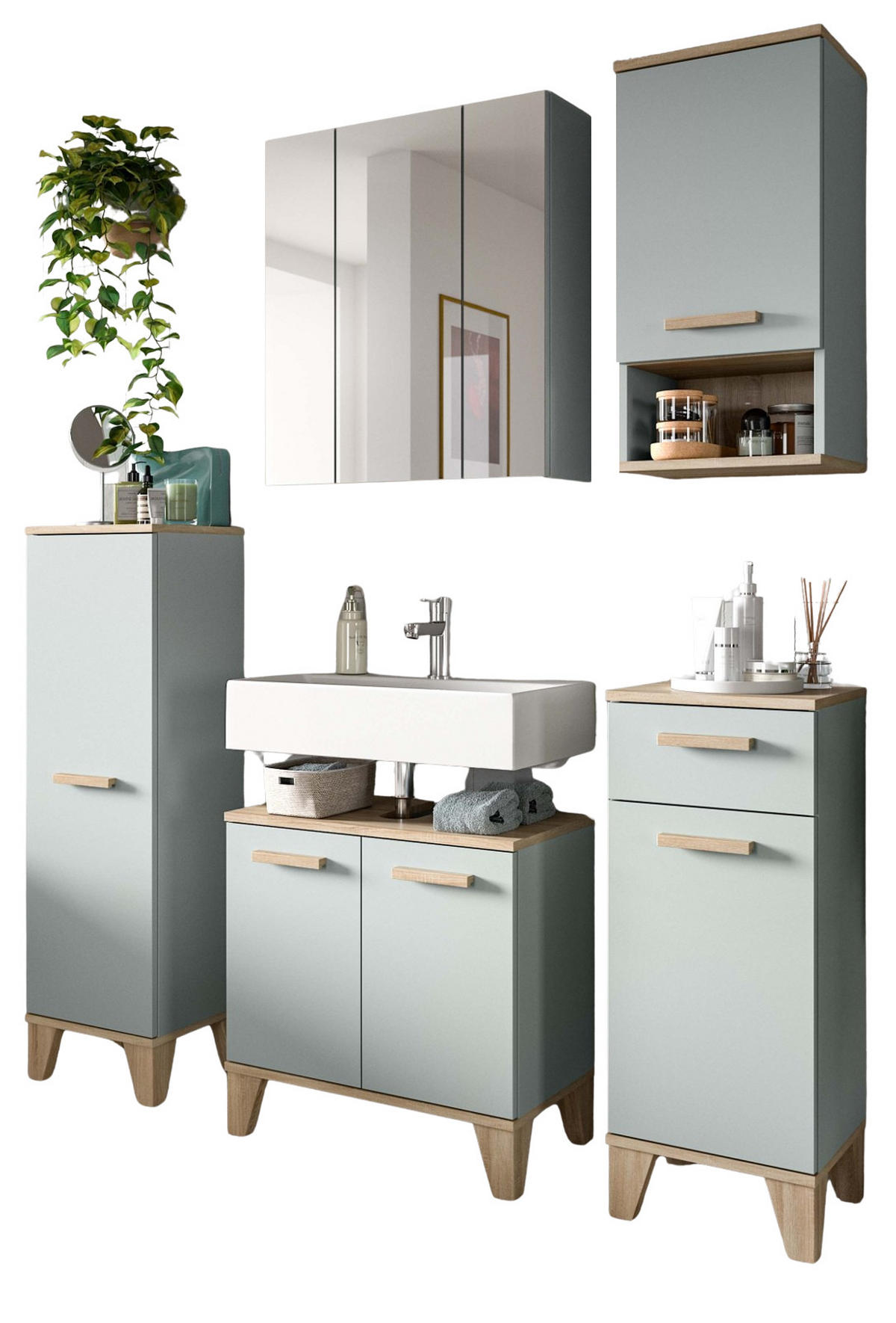 BADMÖBEL-SET 5-teilig grün, Eiche 158 x 190 cm, Komplettset mit viel Stauraum - Eichefarben/Grün, Glas/Holzwerkstoff (158/190/34cm) - Inn.Furn