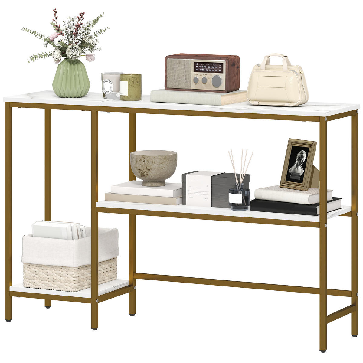 KONSOLENTISCH DE-16805 Marmor-Optik, 3 Ablagen Weiß & Gold - Weiß, Holzwerkstoff (120/30/76.5cm) - ComfortXL