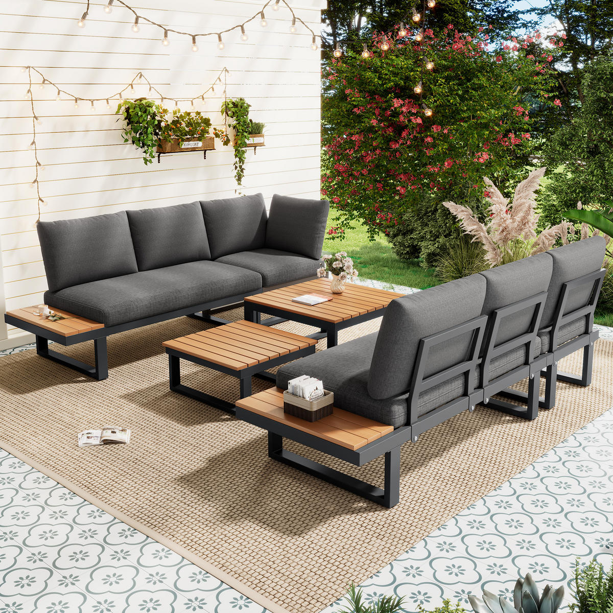 GARTENMÖBEL-SET, Eckstellung, Neigung bis 55°, 2 Couchtische, Grau/Schwarz - Grau, Textil - FLIEKS