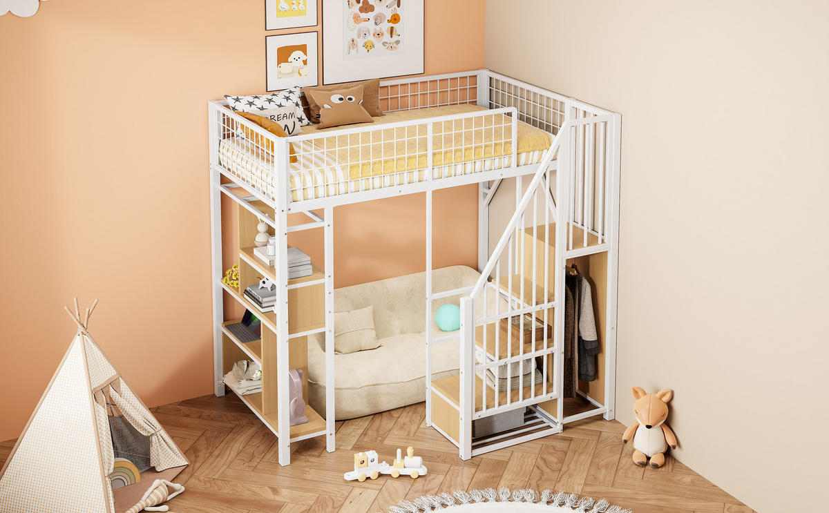 HOCHBETT 90x200 Metall Stauraum Ablage Treppe Weiß - Weiß, Holzwerkstoff - FLIEKS