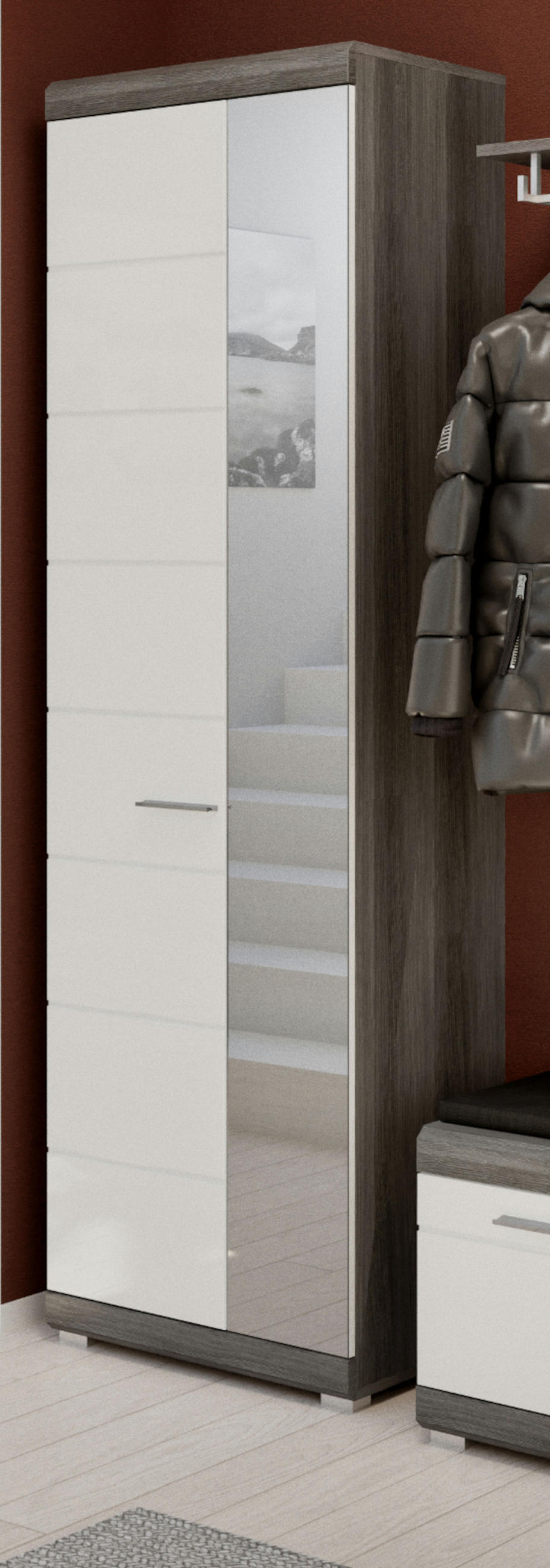 GARDEROBENSCHRANK weiß Hochglanz und grau 62 cm, Schuhschrank mit Spiegel - Chromfarben/Weiß Hochglanz, Glas/Holzwerkstoff (62/197/37cm) - Inn.Furn