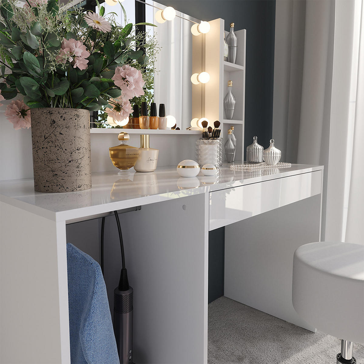 SCHMINKTISCH Sherry Weiß/Weiß Hochglanz 119.8 cm 5 Teile - Weiß Hochglanz, Holzwerkstoff (119.8/76/50.1cm) - Vicco