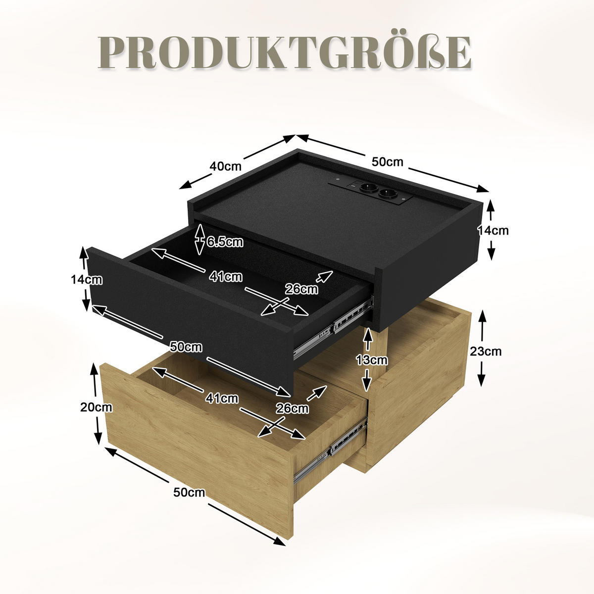 NACHTTISCH mit LED, Nachtkonsole mit Steckdose und USB, 50x40x50 cm - Schwarz, Holzwerkstoff (50/50/40cm) - LVHOM