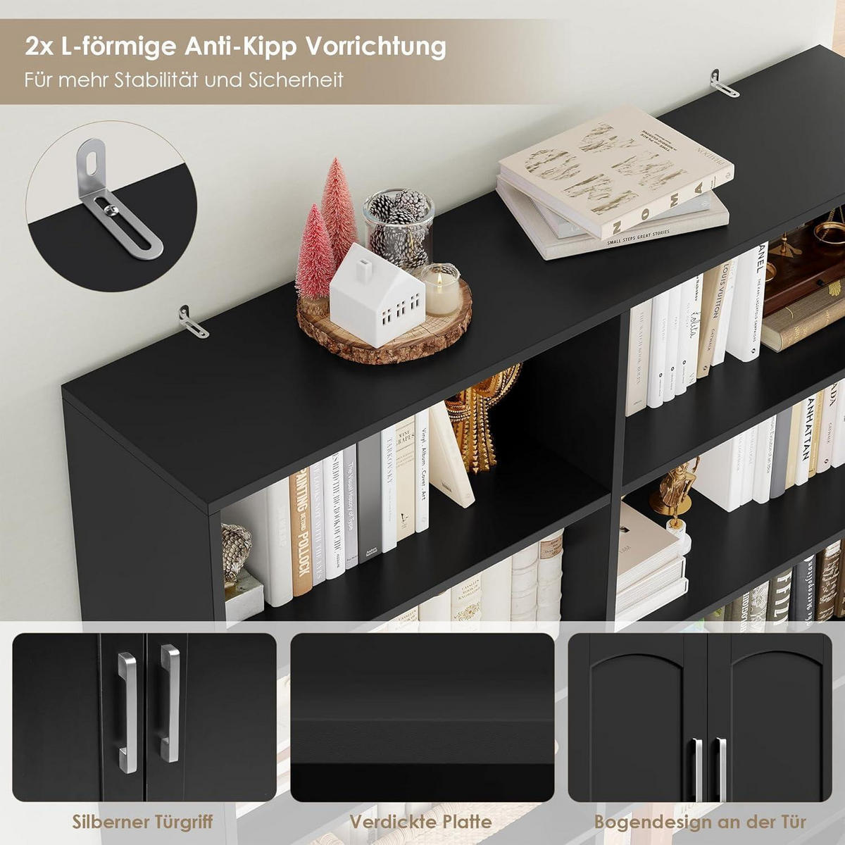 BÜCHERREGAL mit Türen 12 Fächer 115 x 27 x 185,5 cm schwarz - Schwarz, Holzwerkstoff (115/185.5/27cm)
