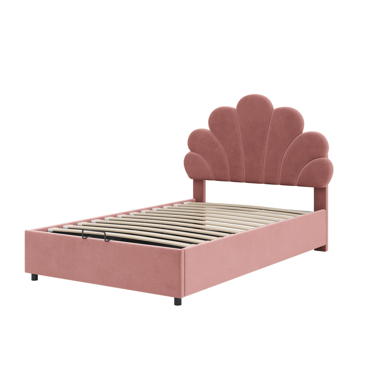 KINDEREINZELBETTEN aus Samt 90x200 cm in Rosa mit hydraulischem Stauraum - Rosa, Textil (90/200cm) - Modfu