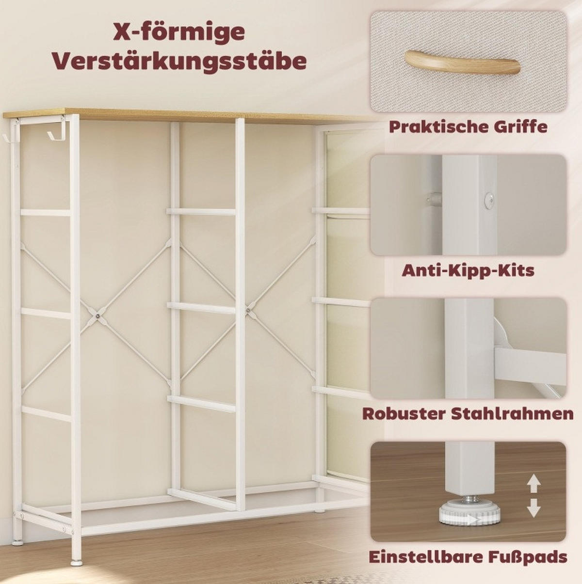 KOMODA z oceli 86x30x94,5 cm béžová s 8 textilními zásuvkami, 4 kapsami a 2 háčky - béžová, kov (86/94.5/30cm) - Modfu