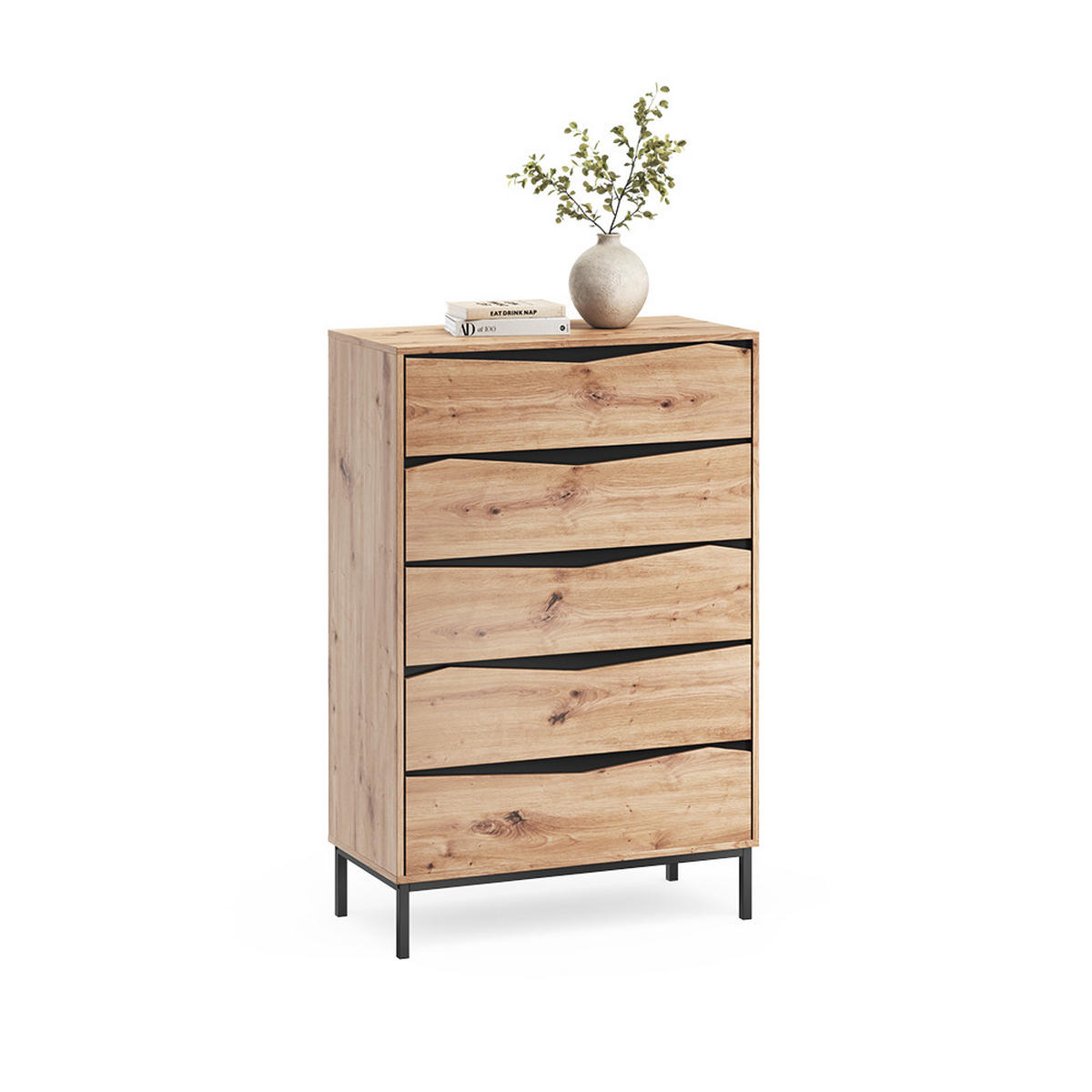 KOMMODE Elvano, Eiche/Schwarz, 79.2 x 120 cm mit 5 Schubladen - Eichefarben/Schwarz, Holzwerkstoff (79.2/120/39.2cm) - Vicco