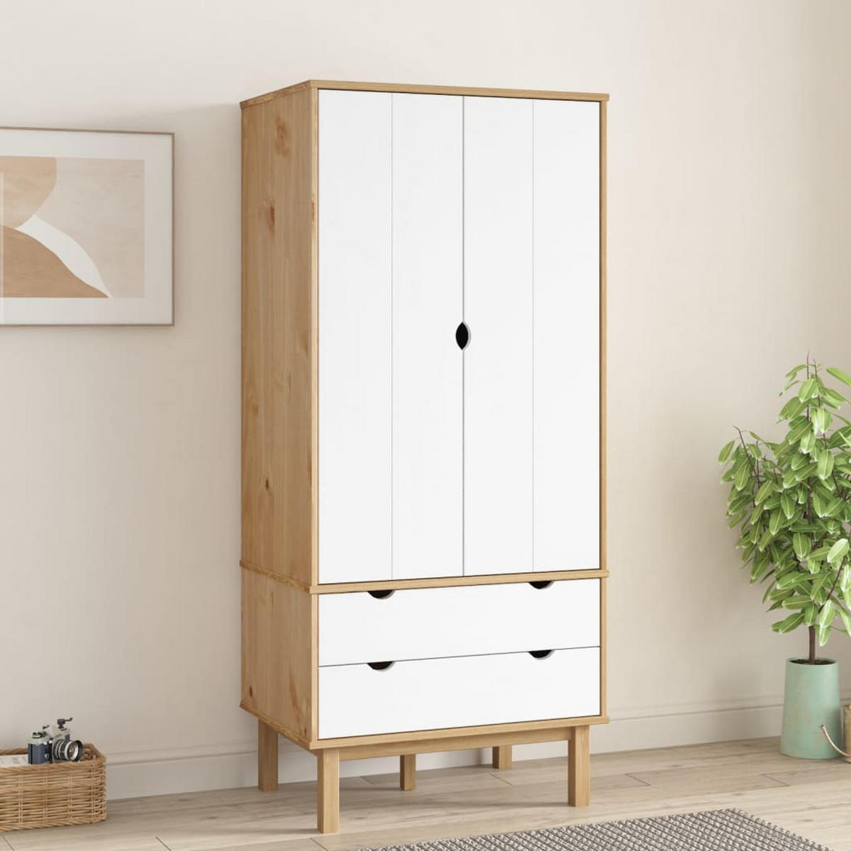 KLEIDERSCHRANK OTTA Braun&Weiß 76,5x53x172 cm Massivholz Kiefer - Weiß, Holz (76.5/172/53cm) - furnicato