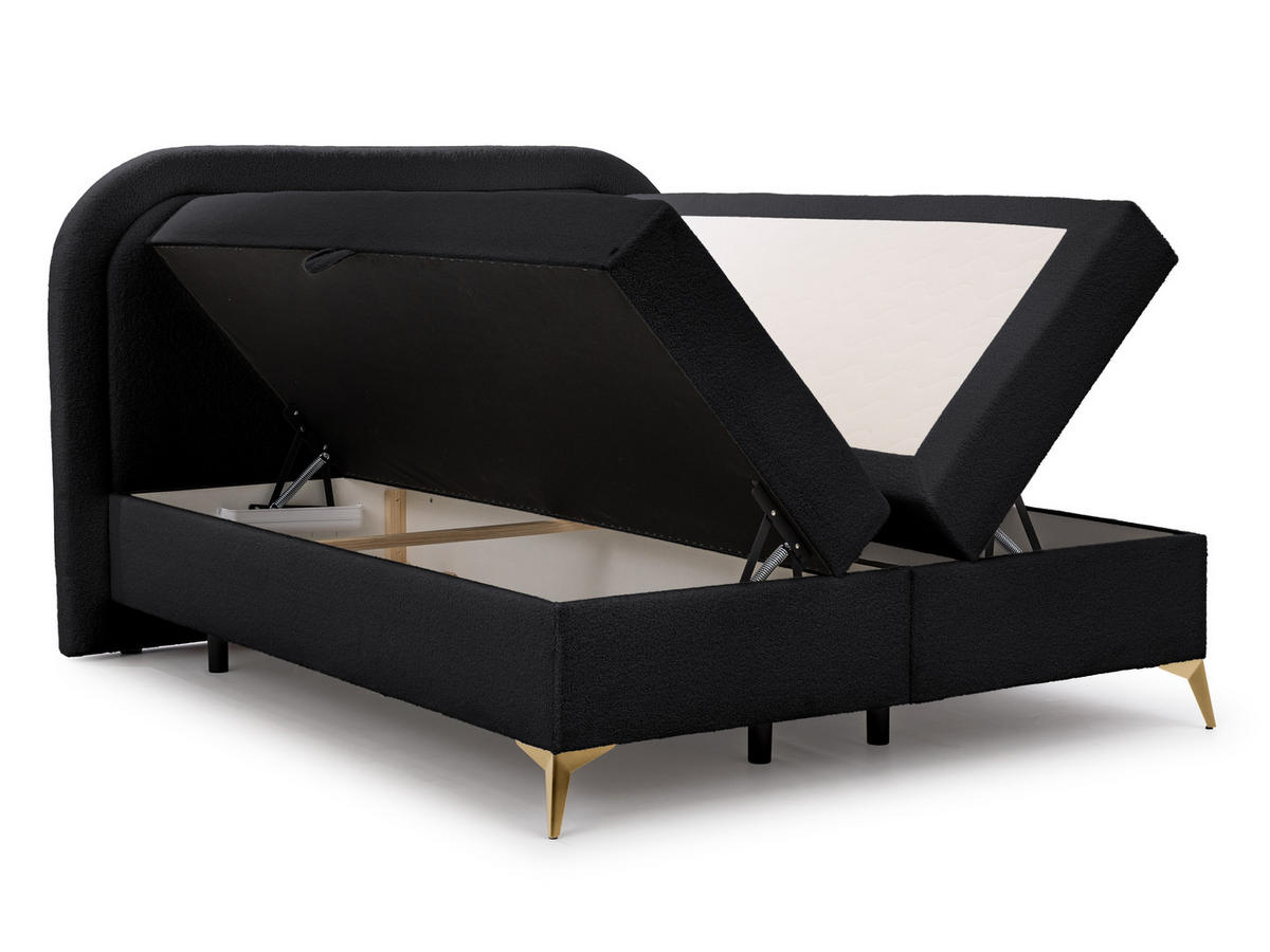 BOXBETT Sonna 140/200 cm Schwarz Bouclé-Stoff mit abgerundetem Kopfteil und mit goldenen Metallfüßen - Goldfarben/Schwarz, Holz/Textil (140/200cm) - S-Style Möbel