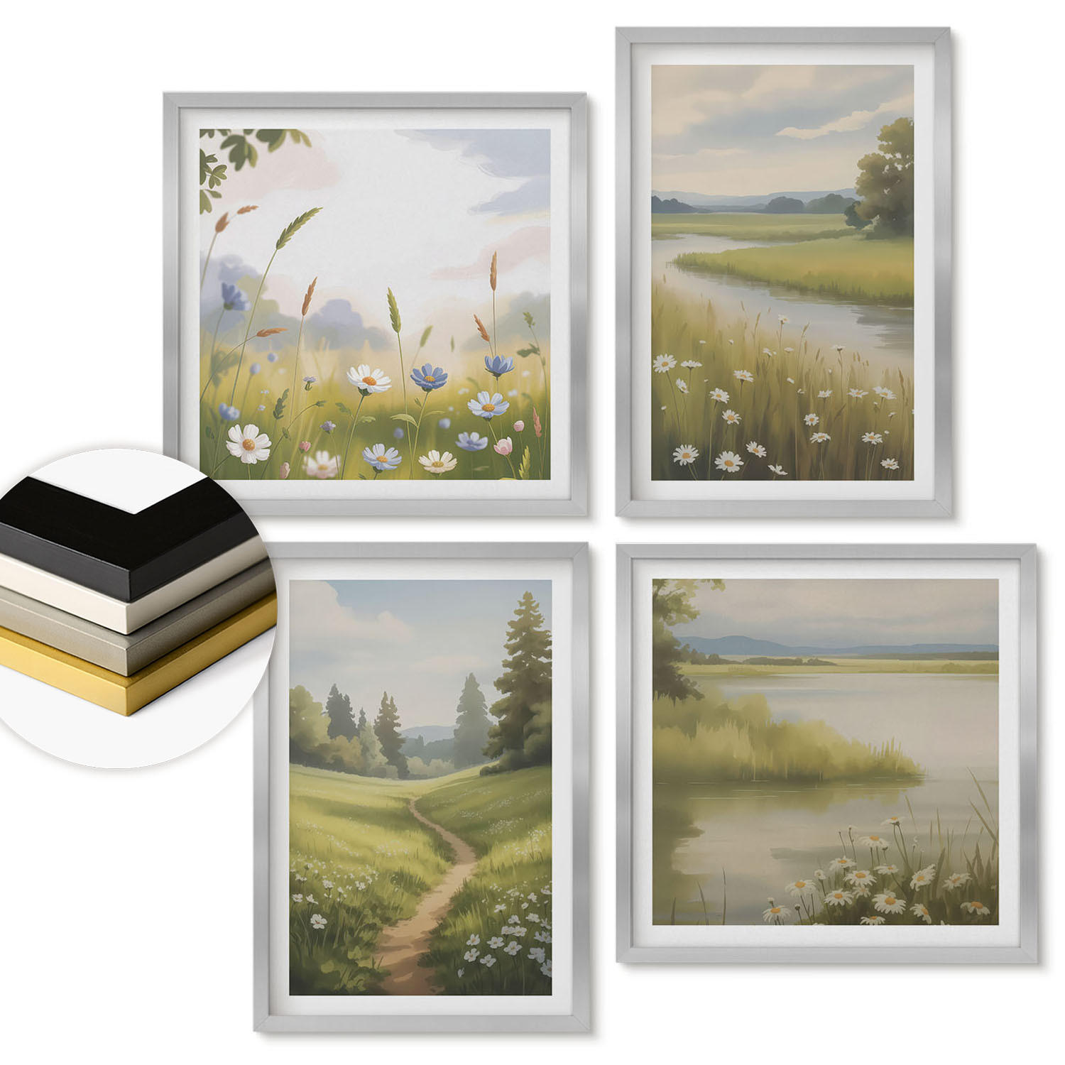 WANDBILDER 4er Set - 50x50 cm & 40x60 cm Silberner Rahmen - Frühlingslandschaft Flusswiese - Silberfarben, Kunststoff (50/50cm) - ArtPrintCave
