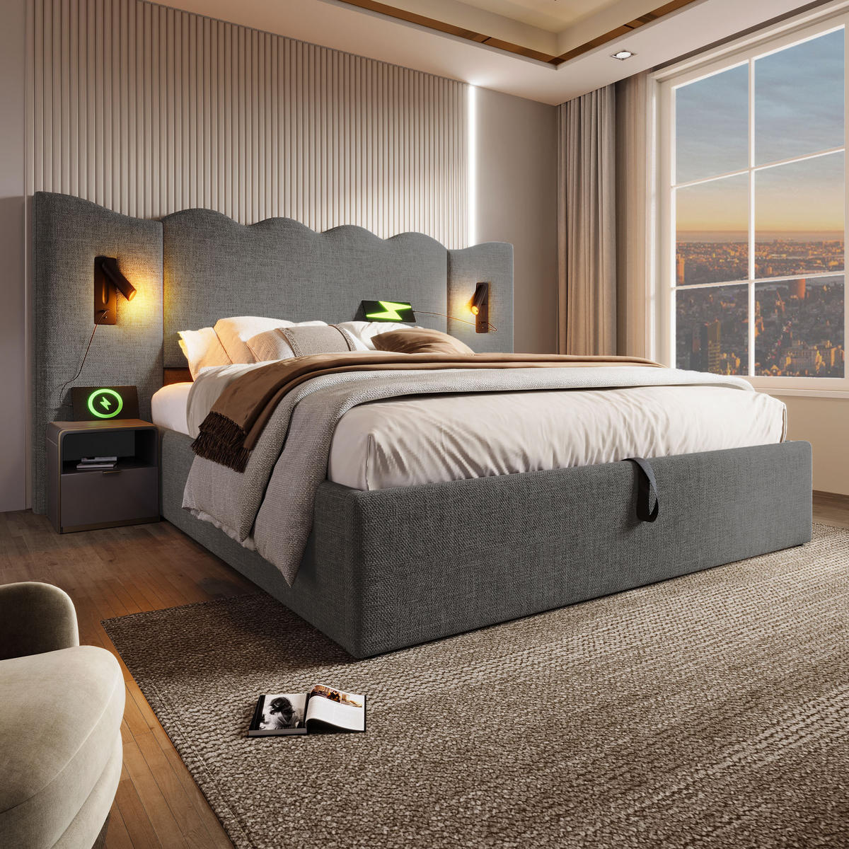 POLSTERBETT 160/200 cm Grau mit Leselampe und USB Type-C Ladefunktion - Grau, Textil (160/200cm) - OKWISH