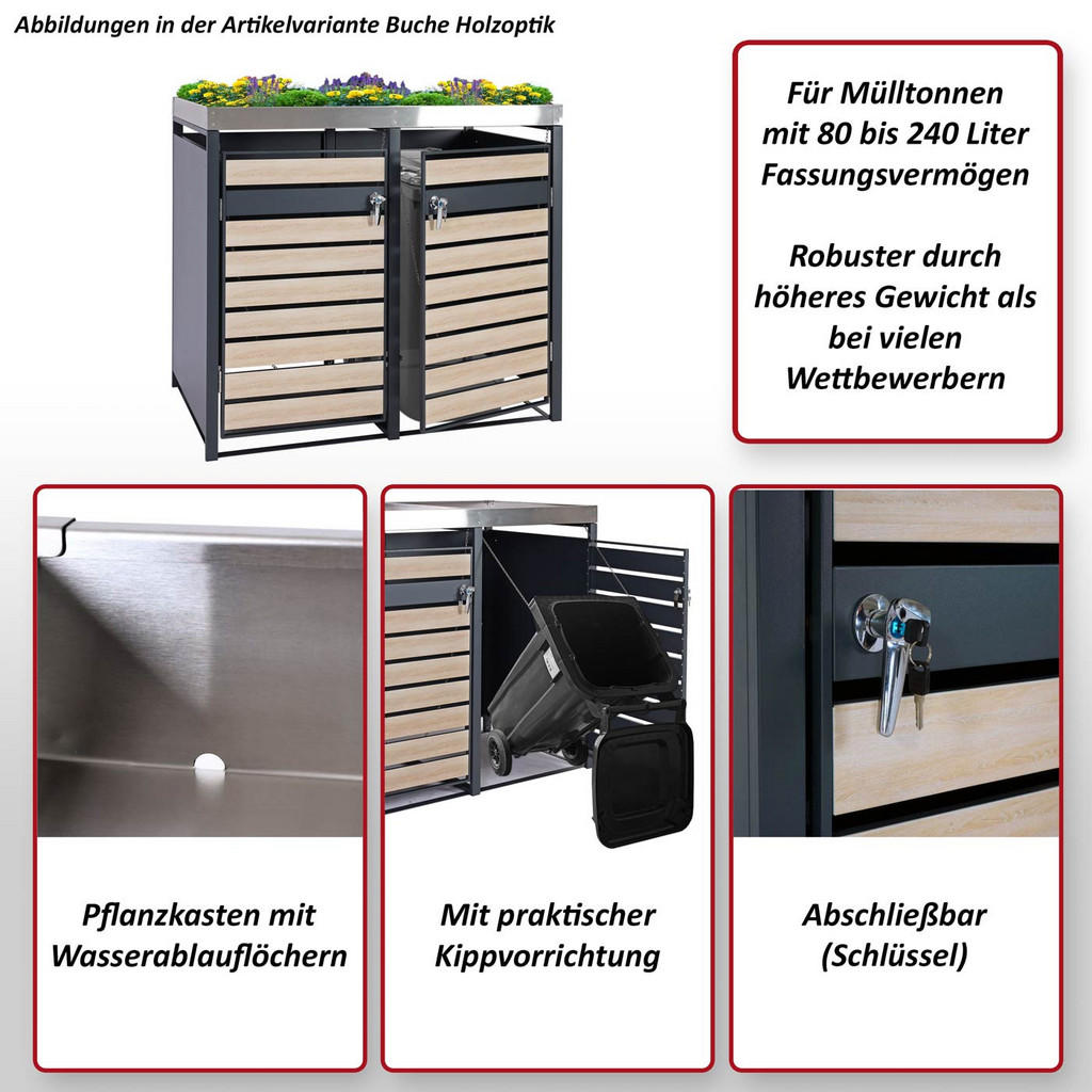 Thumbnail - MCW Mülltonnenverkleidung, Kirschbaum, Metall, 132x125x80 cm, Aufbewahrung & Schutzhüllen