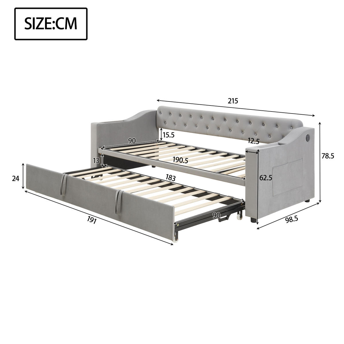AUSZIEHBETT 90/180/190 cm DE-01976, in Grau, mit USB und Stauraum - Grau, Metall (90/190cm) - ComfortXL