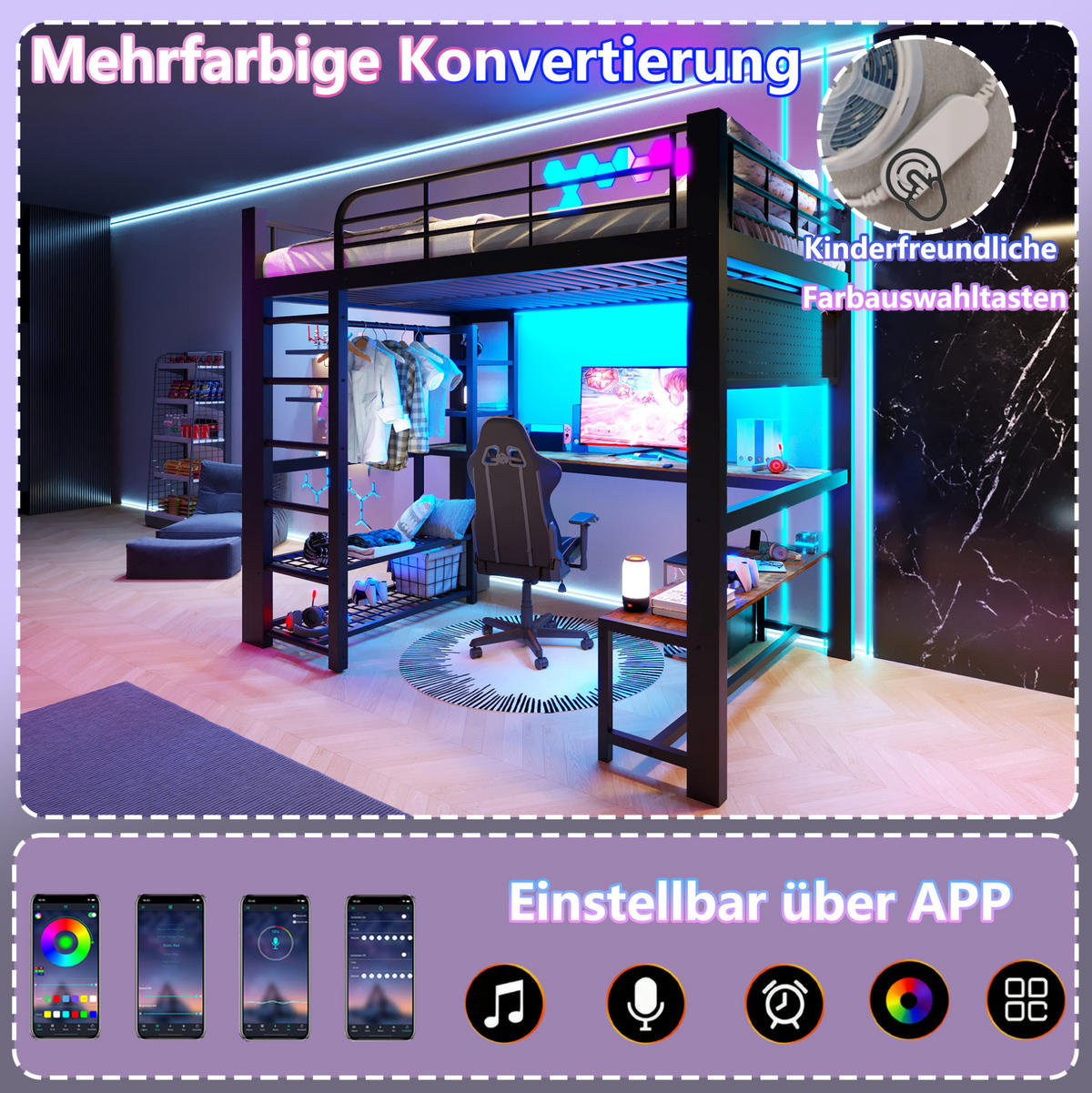 HOCHBETT 140/200 cm mit LED-Beleuchtung, Schreibtisch, Ablagen und Kleiderstange, Schwarz - Schwarz, Metall (140/200cm) - Redom