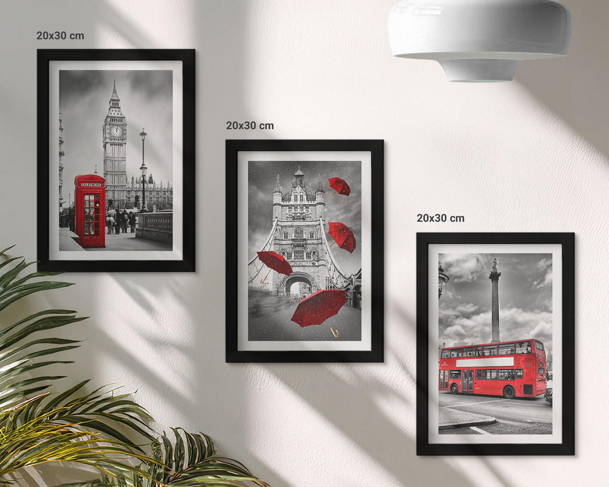 WANDBILDER 3er-Set - 20x30 cm Schwarzer Rahmen - Roter Regenschirmstand und Londoner Bus - Schwarz, Kunststoff (20/30cm) - ArtPrintCave