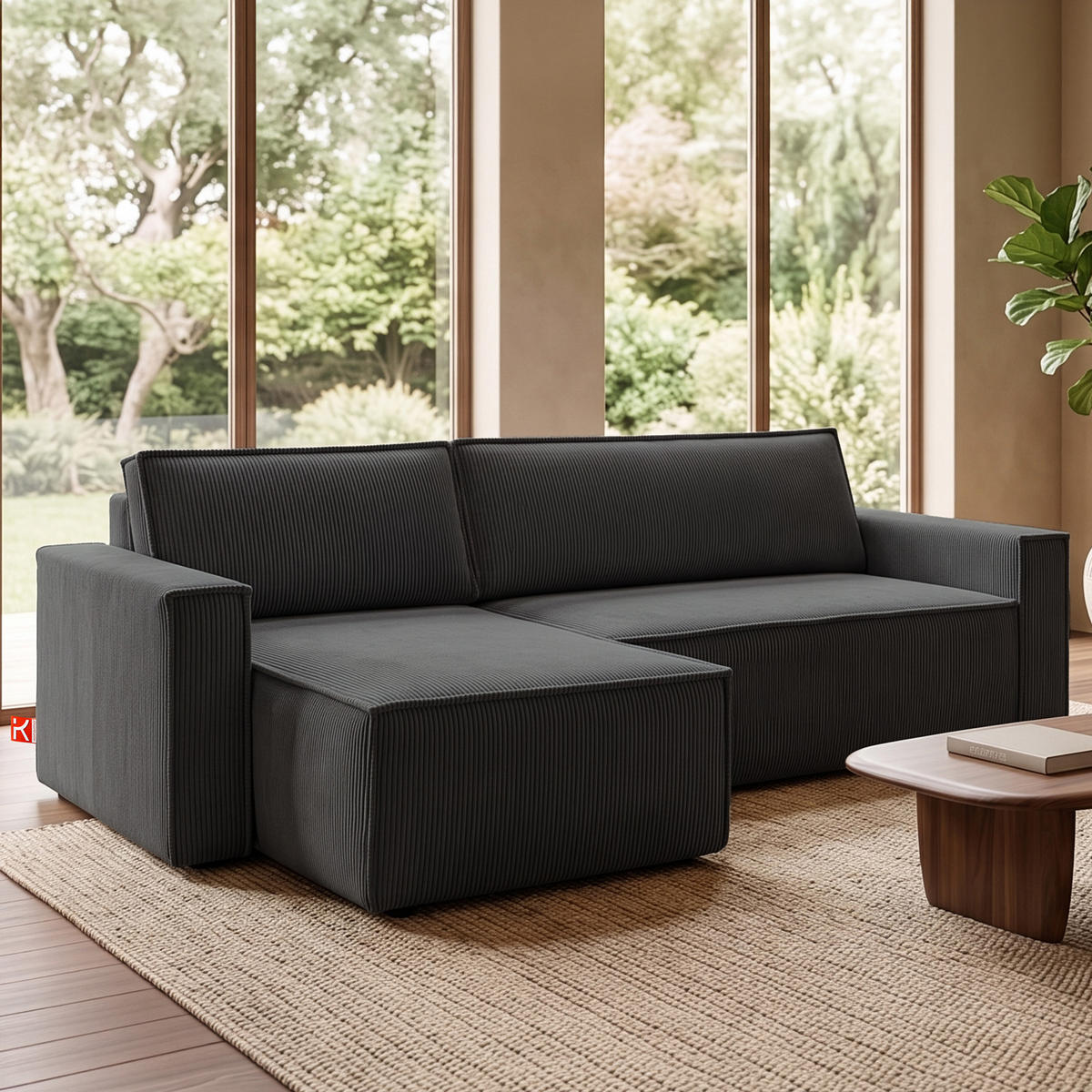 ECKSOFA-LINKS/RECHTS NAPI Schlaffunktion mit Cordbezug, dunkelgrau - Dunkelgrau/Schwarz, Textil (246/148cm) - KONSIMO®