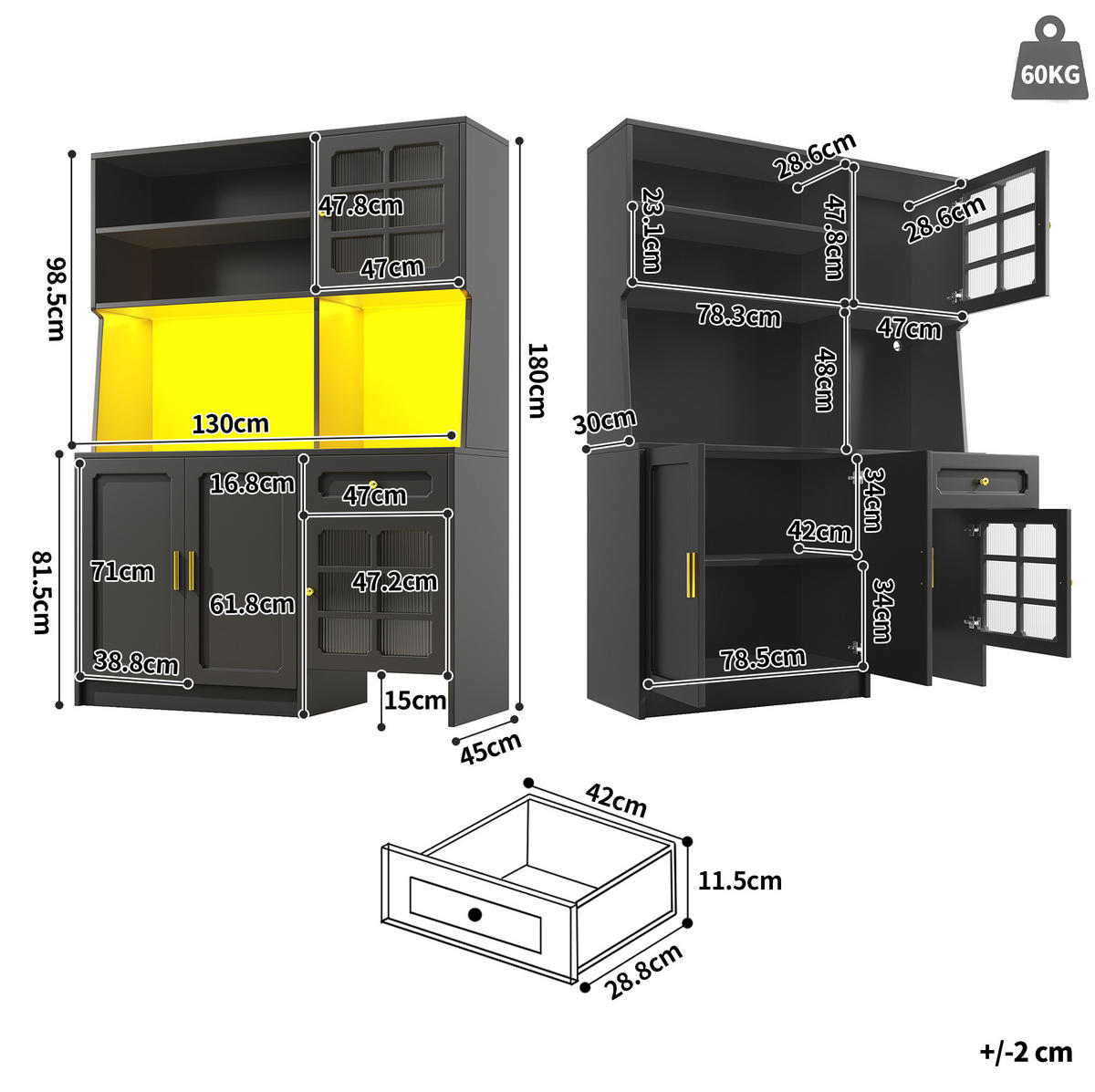 BUFFET 130/45/180 cm aus MDF mit LED-Beleuchtung Schwarz - Schwarz, Holzwerkstoff (130/180/45cm) - Modenvie