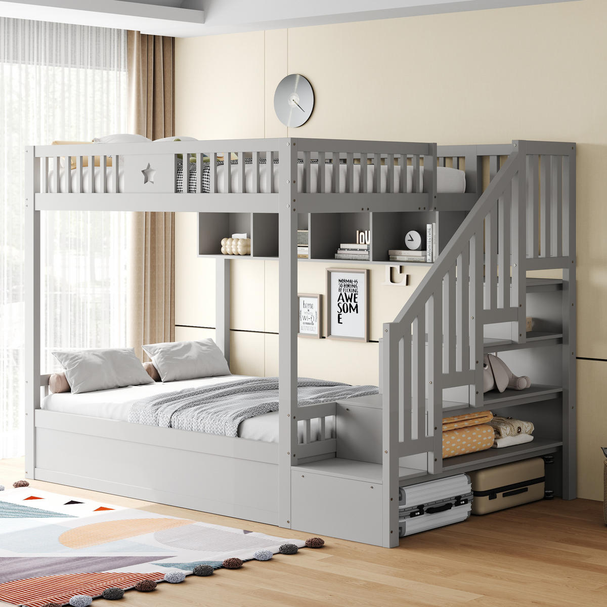 HOCHBETT 140x200 Grau Holz Stauraumtreppe Regal - Grau, Holz (140/200cm) - FLIEKS