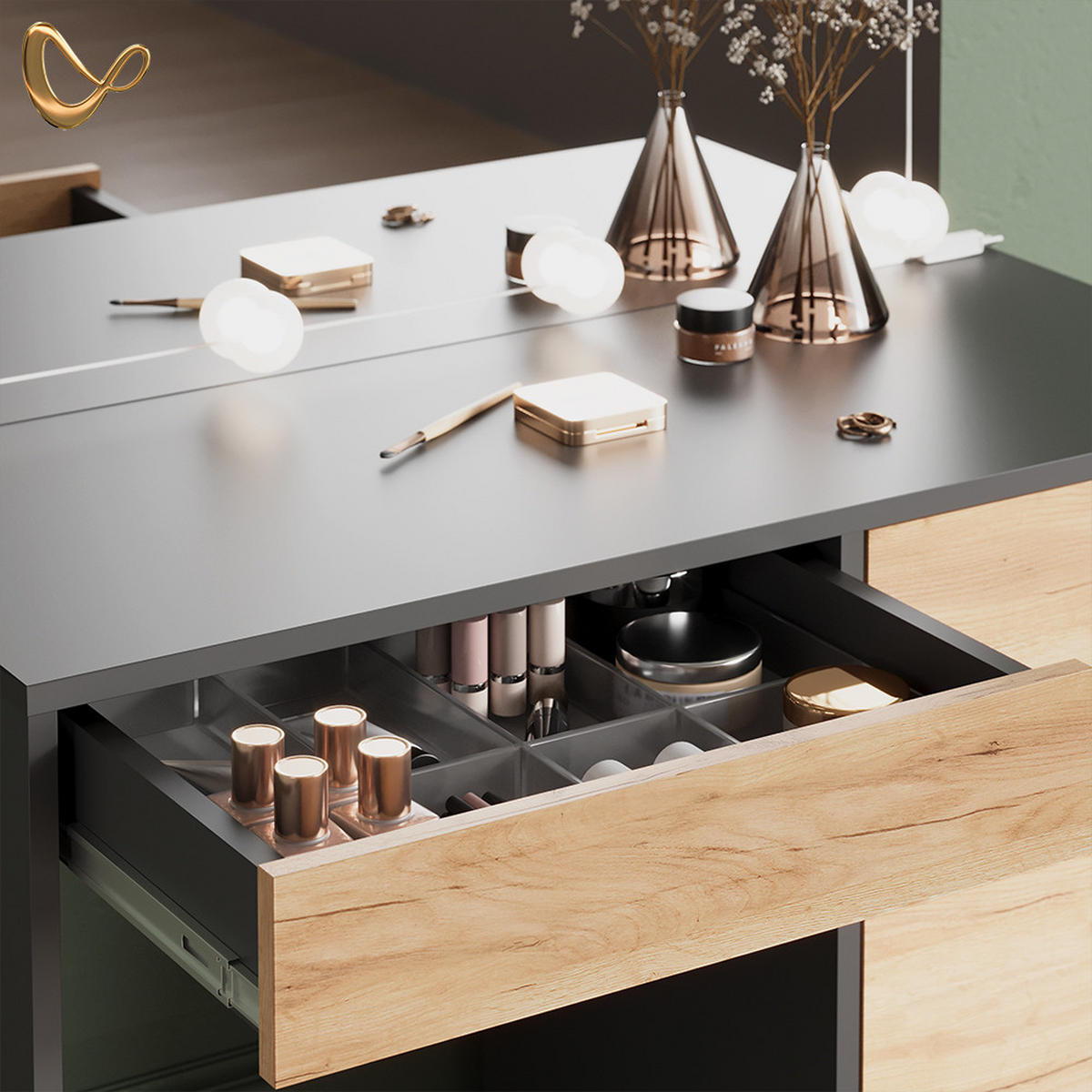 SCHMINKTISCH Imola Anthrazit/Goldkraft Eiche ohne Spiegel - Anthrazit/Eiche Wotan, Holzwerkstoff (55/120/75cm) - Livinity®