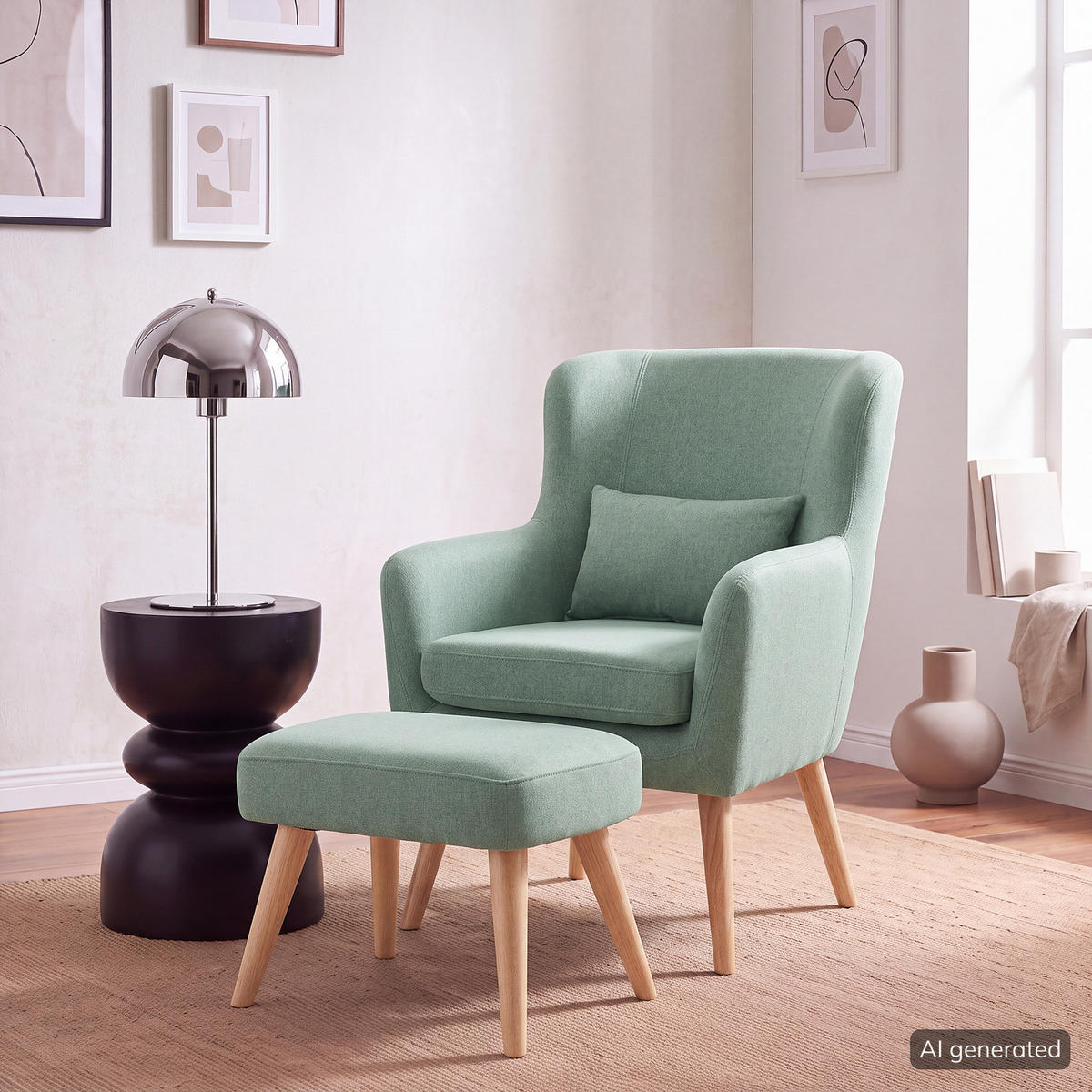 SESSEL mit Hocker - Mintgrün, Holz/Birkenholz (75/96/78cm) - home24