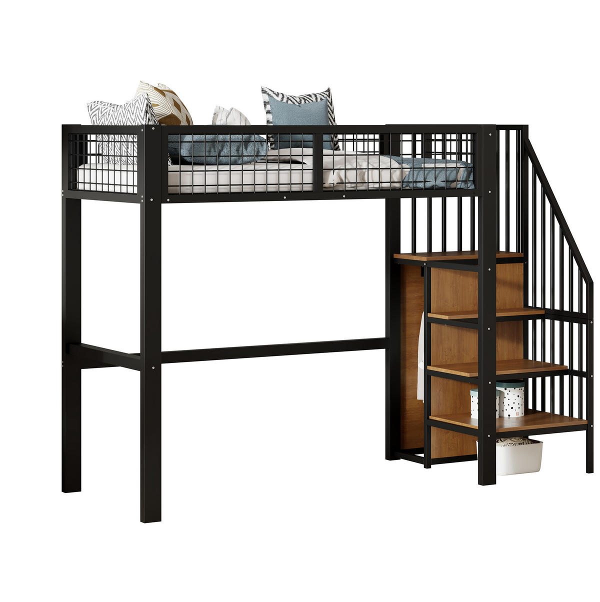 HOCHBETT 90/200 cm aus Metall mit Leiter und Kleiderschrank Schwarz - Schwarz, Metall (90/200cm) - Modenvie
