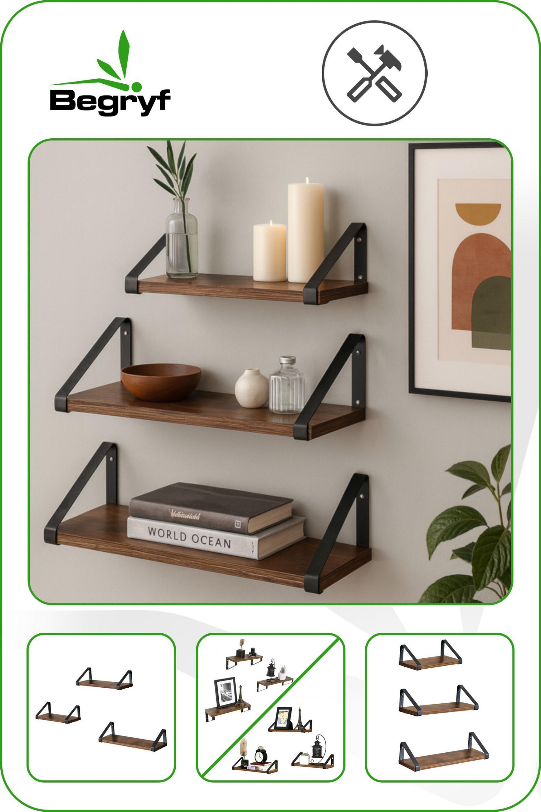 WANDREGAL Holzoptik Metall Dunkelbraun Schwarz 3-er Set 30/35/40x12x11 cm - Dunkelbraun/Schwarz, Holzwerkstoff/Metall (12/11/40cm) - Begryf