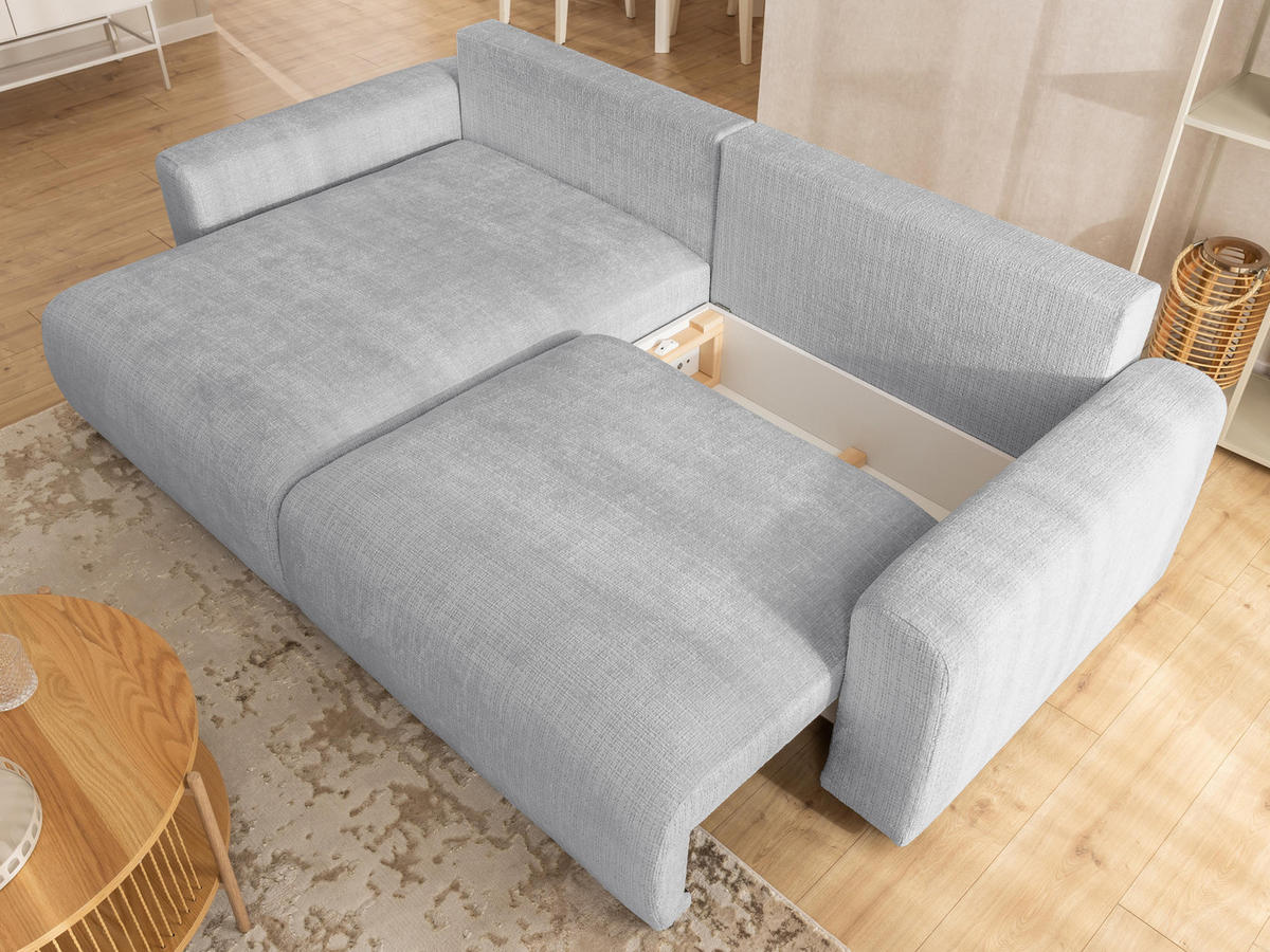 ECKSOFA Calma mit Schlaffunktion und Bettkasten im Bumpy-Design aus weichem Hellgrau Chenille-Stoff - Ottomane links - Beige/Hellgrau, Holz/Kunststoff (140/239cm) - S-Style Möbel
