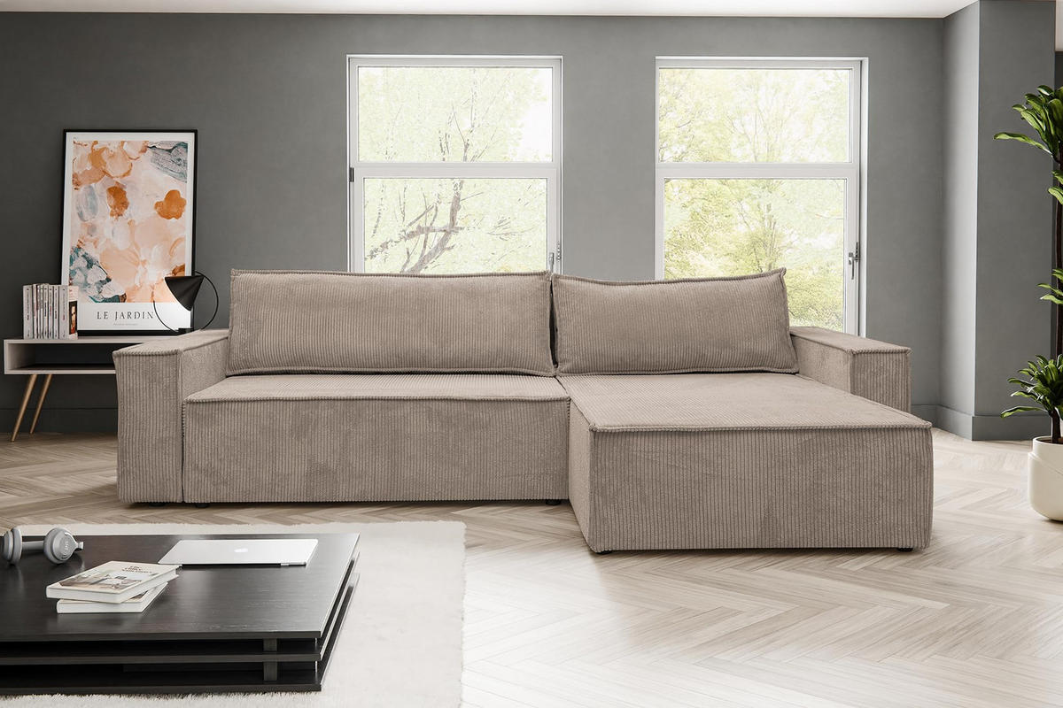 ECKSOFA HUGO XL Schlaffunktion und Bettkasten Cord-Stoff (Braun) - Braun, Textil (274/142cm) - VENASI MÖBEL