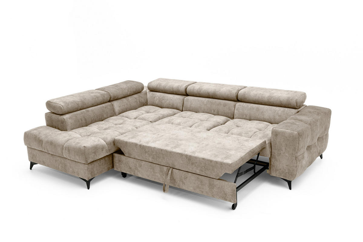 ECKSOFA PUDDING L Links mit Schlaffunktion 128x197 Velours Beige - Beige/Schwarz, Holz/Textil (270/204cm) - Muffo