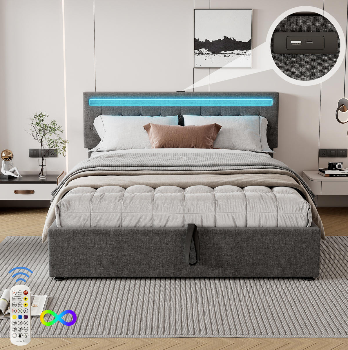 POLSTERBETT 160/200 cm mit Bettkasten, LED-Beleuchtung und USB-C in Grau - Grau, Textil (160/200cm) - BEAOK