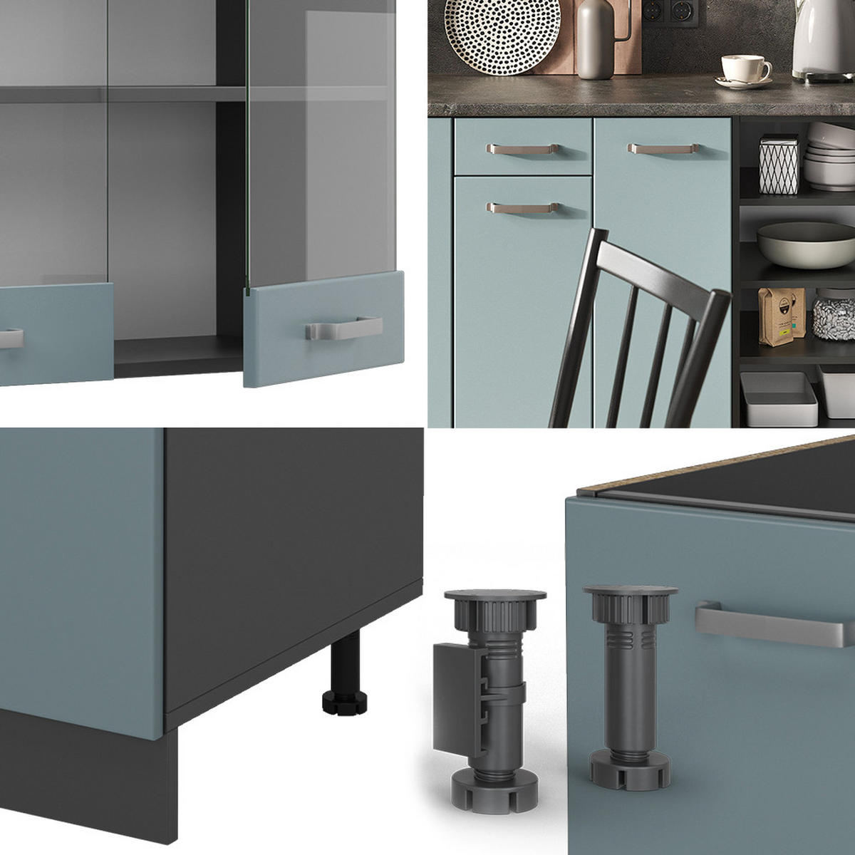 KÜCHENZEILE R-Line Blau-Grau/Anthrazit 240 cm, AP Anthrazit - Anthrazit/Blaugrau, Holzwerkstoff (240/81.6/60cm) - Vicco