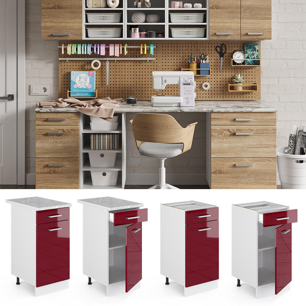 UNTERSCHRANK R-Line Bordeaux Hochglanz 40 cm mit Schublade, ohne AP - Bordeaux/Weiß, Holzwerkstoff (40/81.6/46cm) - Vicco