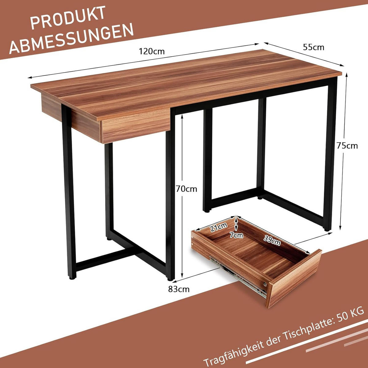 SKRIVBORD 75 cm brun - Brun, Trä (55/120/75cm) - COSTWAY