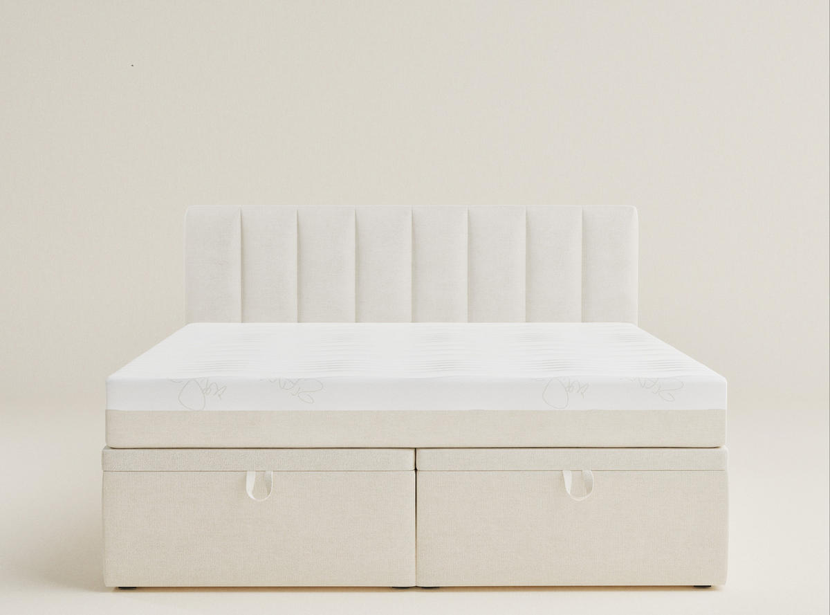 BOXBETT 160/200 cm Lovage S, in Creme, Matratze, gepolstertes Kopfteil, Bettkasten, H3 = fest - Creme/Schwarz, Holz/Holzwerkstoff (160/200cm) - Maison de Reve