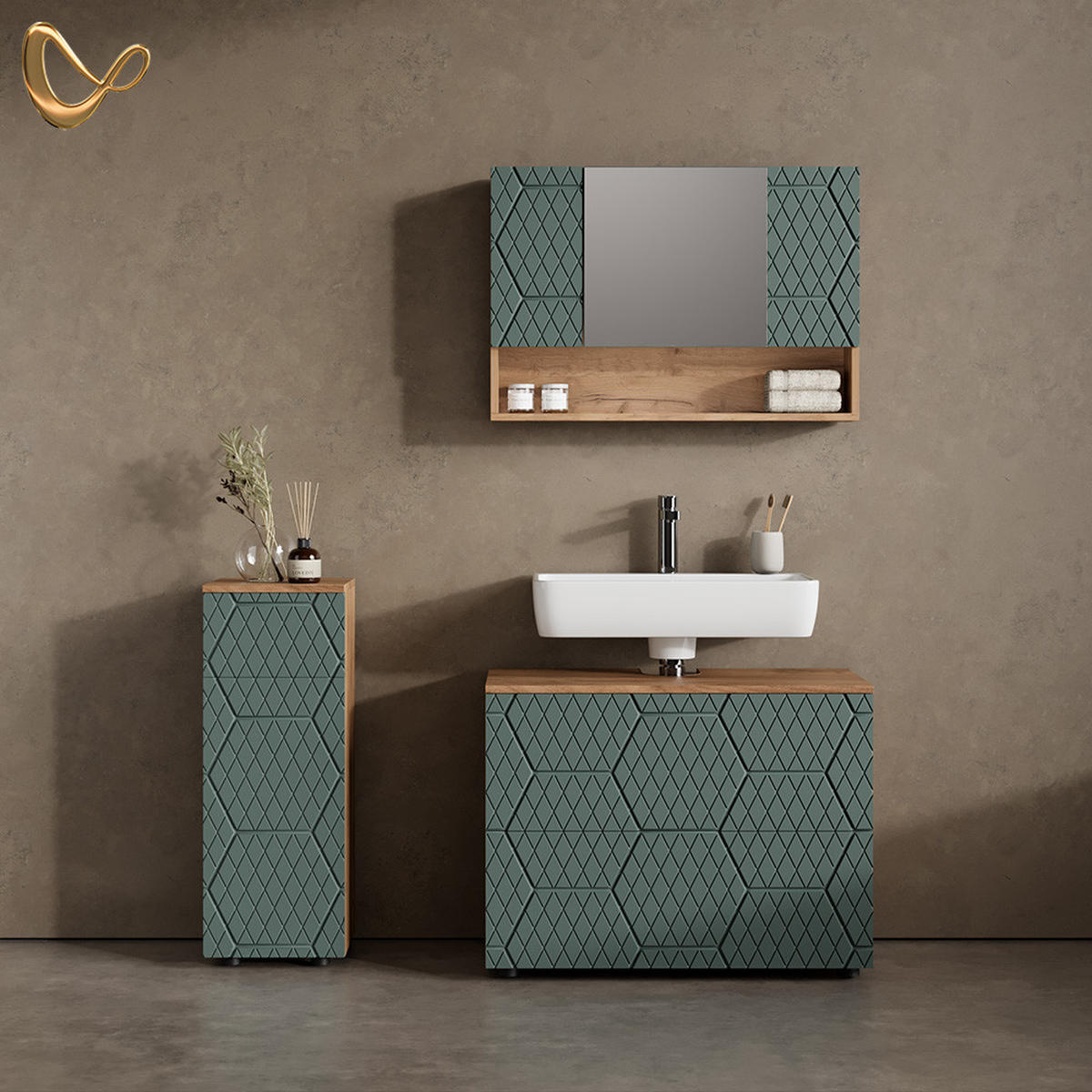 BADMÖBEL-SET Ronco Grün/Goldkraft Eiche 3 Teile, mit Schubladenschrank und Midischrank - Honigeiche/Grün, Holzwerkstoff (80/58/41cm) - Livinity®