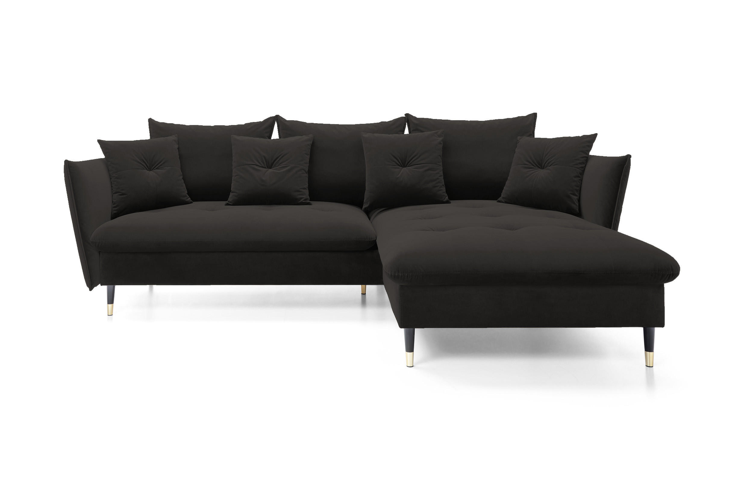 ECKSOFA GLAM mit Schlaffunktion, Ottomane & goldenen Füßen – Samtsofa im Glamour-Stil mit Zierkissen, 258x167x91 cm, rechte, schwarz - Schwarz, Holz/Textil (258/167cm) - DomoHome